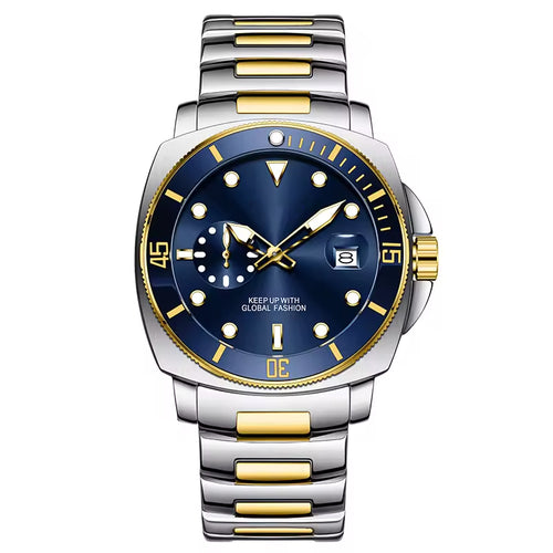 Men’s Diver-Style Quartz Watch, Blue Dial, Two-Tone Stainless