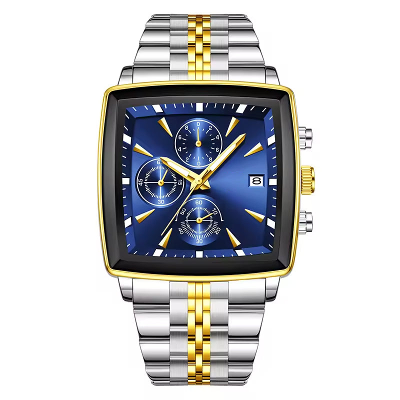 Men’s Square Chronograph Quartz Watch, Blue Dial